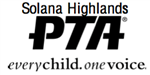 Solana Highlands PTA Logo with words Solana Highlands PTA Every child, one voice in black letters